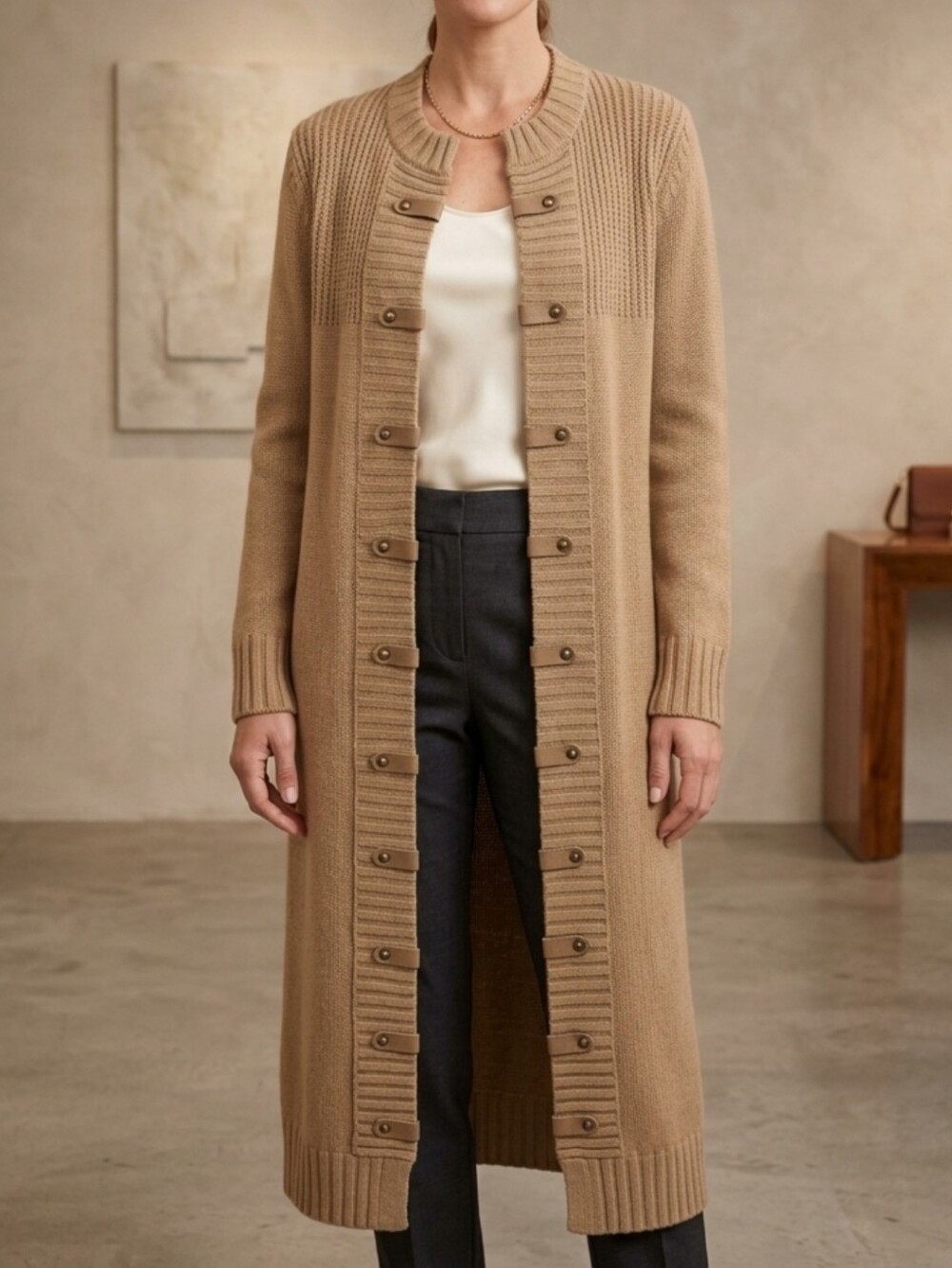 VENUS Long Line Open Front Caramel Brown Cardigan Sweater, M